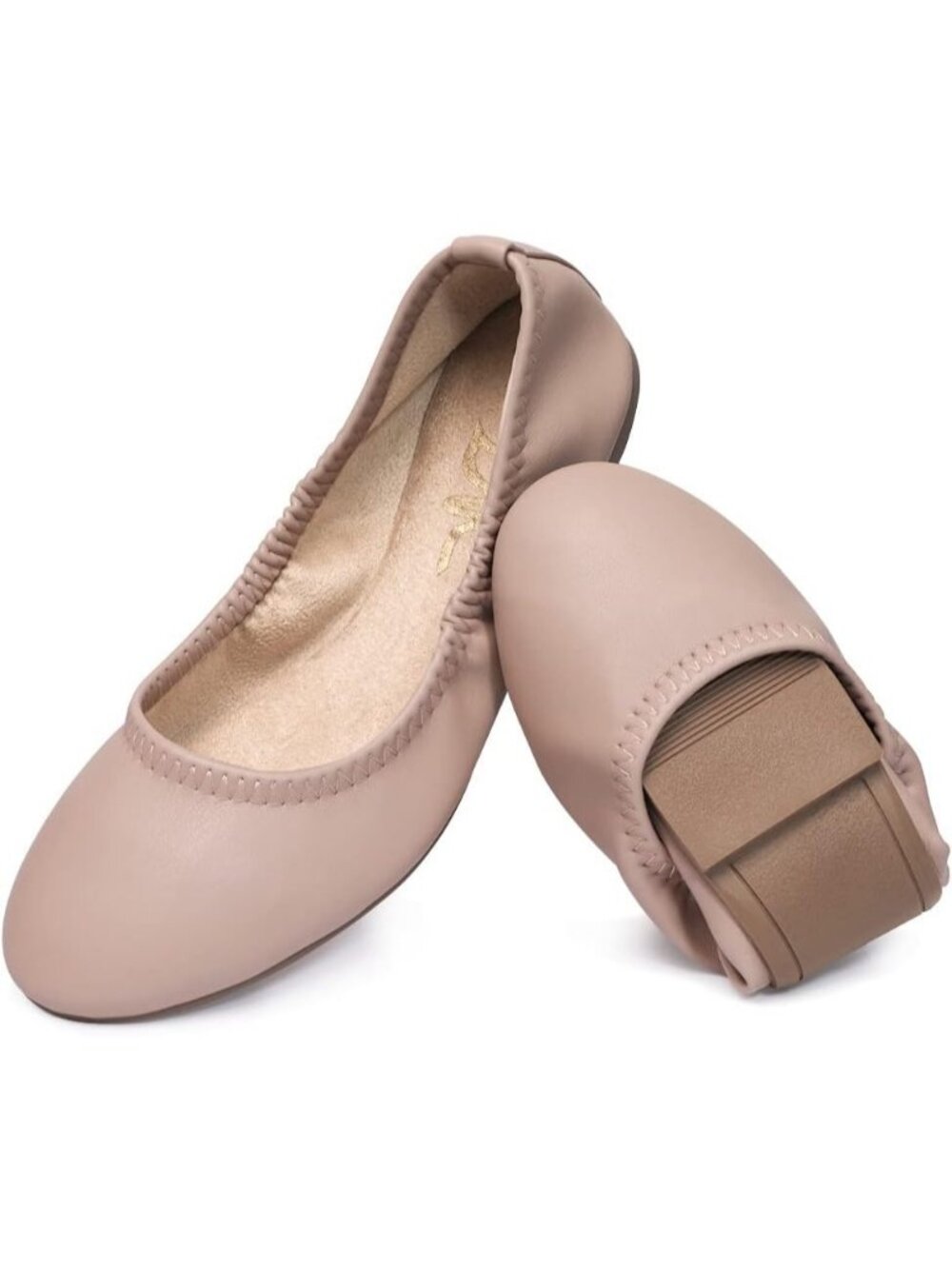 Women's Light Coffee Faux Leather Foldable Ballet Flats Round Toe Slip On Shoes
